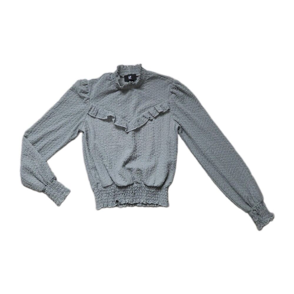 IZ Byer XS Light Blue Smocked Ruffle Mock Neck Long Sleeve Boho Blouse Top EUC